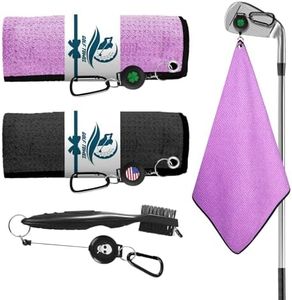 Amy Sport Golf Towels for Golf Bags for Women Men Value 2 Pack with 3 Strong Magnetic Retractable Carabiner and Black Brush, 16''X16'' Microfiber Waffle Pattern Towel Absorbent Set (Black&Purple)