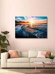 999Store Wooden Stretched Framed Wall art with frames painting wall paintings for bedroom living room décor Blue Sea Waves and Sunset canvas modern stylish home hanging ( Canvas 24X36 Inches Strectched Canvas) FLP24360295