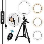 Ring Light 10 Inch with Tripod - 3 Colours Dimmable 3000 K - 5600 K Adjustable Brightness 360° Rotation Gimbals, LED Ring Light with Remote Control and Mobile Phone Holder for Makeup/Video Call/Selfie