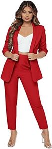 SweatyRocks Women's 2 Piece Solid Ruched Sleeve Blazer and Pants Business Office Suit Set Red M