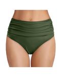 Tempt Me Women's High Waisted Bikini Bottom Tummy Control Ruched Bathing Suit Swim Bottom, Army Green, Medium