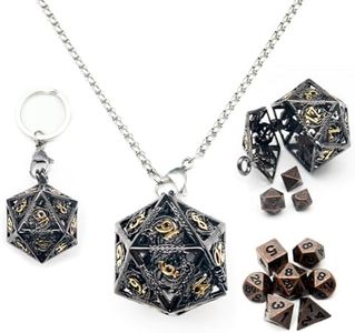Haxtec Mini Metal DND Dice Set with Hollow Necklace Dice Case Antique Tiny Metal Dice Set D&D Keychain Portable 7PCS Dice Set