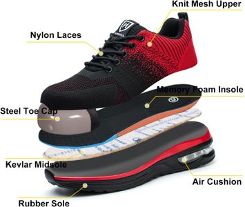 Baofular Steel Toe Safety Trainers – Lightweight Non-Slip Work Shoes, Red, Men/Women, UK 10