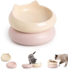 Cat Bowl, Ceramic Cat Bowls Food and Water Bowl Set, Whisker Friendly Cute Kitten Food Bowls for Protecting Pet's Spine, Yellow & Pink
