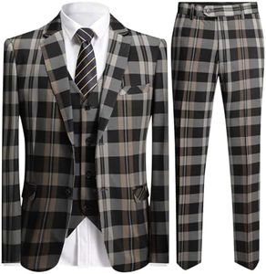 YFFUSHI Men's Plaid Tweed 3 Piece Suit Slim Fit Button Dinner Suit Tuxedo Orange Black