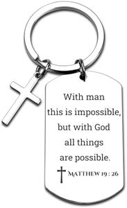 GiftYou Matthew 19:26 Inspirational Scripture Metal Key Chains with Cross Pendant - Bible Verse Keychain and Religious Gift for Christian (Matthew 19:26)