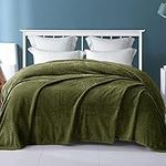 Exclusivo Mezcla Queen Size Flannel Fleece Blanket, 230x230 CM Soft Jacquard Weave Leaves Pattern Velvet Plush Bed Blanket, Olive Green Blanket