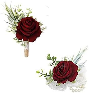 Ansofi Wine Red Corsage and Boutonniere Set Artificial Burgundy Rose Flower Wrist Corsage and Boutineers for Groom Groomsmen Bride Bridesmaids Prom Rustic Vintage Wedding Decor