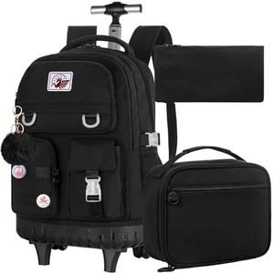 WZLVO 3PCS Rolling Backpack for Girls and Women，21 inch Roller Wheeled Backpacks with Lunch Bag for Teens Elementary School, Black, Laptop Backpacks