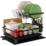 Qienrrae Dish Drainer, 2 Tier Stainless Steel Dish Drying Rack with Drip Tray, Sink Plate Drainer Rack with Utensils Holder, Kitchen Draining Board Rack with Drying Mat, Black