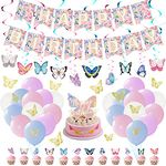 Butterfly Birthday Party Decorations - Butterfly Happy Birthday Banner, Macaron Balloons, 3D Butterfly Stickers, Cake Topper, Spring Hanging Swirls for Girls Party Garden Birthday Backdrop Supplies