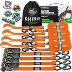 Rhino USA Ratchet Tie Down Straps (4PK) - 1,823lb Guaranteed Max Break Strength, Includes (4) Premium 1" x 15' Rachet Tie Downs with Padded Handles. Best for Moving, Securing Cargo (Black 4-Pack)