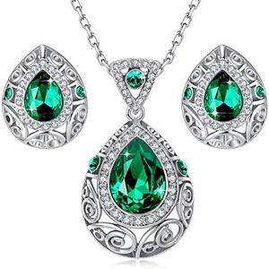 Leafael [Presented by Miss New York] Silver-tone Teardrop Filigree Vintage Style Emerald Green Pendant Necklace Made with Premium Crystals Earrings Set, 18" + 2", Gift Box