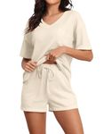 PrinStory Lounge Set for Women Waffle Knit Pajamas Set 2 Piece Pjs Loungewear with Pockets Oatmeal Large