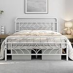 Yaheetech 4ft6 Double Bed Frame Metal Platform Bed with Storage/Sparkling Star-Inspired Design Headboard/Solid Slatted Bed Base/No Box Spring Needed White