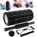 Foam Rollers, Qveetry 6 in 1 Foam Roller Set Deep Tissue Massage Roller with Muscle Roller Stick,Exercise Resistance Bands,Massage Ball, Density Foam Roller for Yoga Pilates, with Poster (Black)