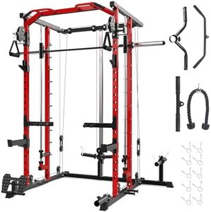 GarveeLife Smith Machine Squat Rack, Heavy Duty Strength Training Power Cage with Pulley System, Dip Bar, LAT Pulldown, Multifunctional Workout Machine for Home Gym, Studio, Red