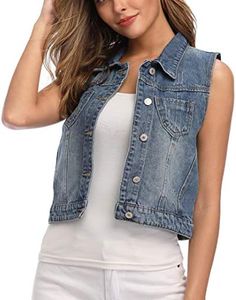 WUDODO Classic Denim Vest for Women Button Up Sleeveless Cropped Distressed Jean Jacket Chest Pockets