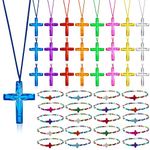 Equsion 48 Pcs Cross Necklaces Christian Religious Party Favors for Kids Include 24 Plastic Crystal Cross Necklace DIY Craft Gifts with 24 Cross Bracelet for Vacation Bible School Prize Favor