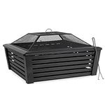 Dellonda 35" Square Outdoor Fire Pit, Mesh Screen Lid, Black - DG43