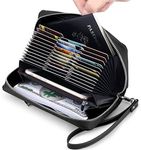 JEEBURYEE Women's Genuine Leather Credit Card Holder Wallet RFID Blocking Large Capacity Long Zip Around Clutch Purse with Wrist Strap Black