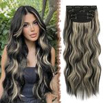 FESHFEN Clip in Hair Extensions 4 PCS Thick Highlight Hairpieces Long Wavy Clip in Hair Piece Full Head Synthetic Hair Extensions for Women, 20 Inches Black Mixed Blonde