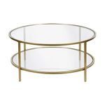 Henn&Hart 36" Wide Round Coffee Table with Glass Top in Brass, for Home, Living Room, Bedroom, Entertainment Room, Office