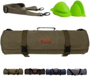 Baobab County Chef Knife Roll Bag - Premium 12oz Waxed Canvas Chef Knife Case, 11 Slots - Ideal Chef's Knife Bag for Carving Knives, Cleaver, Chef Tools & Utensils - Army Green - Oven Mitts Included