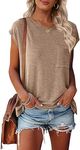 MEROKEETY Women's Casual Cap Sleeve T Shirts Basic Summer Tops Loose Solid Color Blouse, Khaki, Large