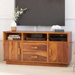 WoodMarwar Solid Sheesham Wood Entertainment Tv Unit for Living Room | Free Standing Media Console Tv Cabinet Sideboard | Tv Table Side Board with 2 Drawer, 2 Door Cabinet & 3 Shelf Storage | Natural