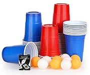 Beer Pong Cup Set,50pcs Cups + 10 Balls,Beer Pong Cups with Balls, Party Cups 25 Red + 25 Blue 16oz(473ml) Cups,Reusable Cups for Adults Hen Party Drinking Games,Garden Games,Table Games - Large