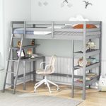 KOMFOTT Twin Loft Bed with Desk & Storage Shelves, Wood Loft Bed Frame for Kids Teens with Bookcase, Ladder, Guardrail, No Box Spring Needed, Space-Saving Loft Bed for Dorm, Apartment (Gray)