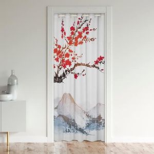 Cherry Blossoms Doorway Curtain For Girls Women Japanese Red Floral Decor Door Curtain 52"W X 80"L Adult Teens Japanese Style Ukiyoe Mount Fuji Pattern Curtain For Bedroom Doorway Living Room