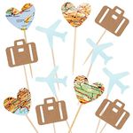 Morndew 24 PCS Travel Cupcake Toppers Blue Airplane Map Heart Traveling Case Cake Topper Picks for World Awaits Travel Themed Baby Shower Birthday Party Wedding Party Decorations