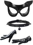 Funsveta Women's Cat Ear Half Mask Black Whip and Leather Glove Costume Set Halloween Cosplay Party Accessories (Cat Mask +Studded Rivet Necklace+Glove)