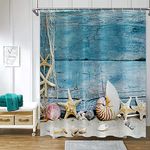 ChloropLastid Beach Starfish Shower Curtain Set with Hooks Seashell Starfish Ocean Theme Bathroom Decoration Vintage Fishing Nets Wooden Board Waterproof Fabric Shower Curtain 72x72 Inch