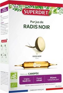 SUPERDIET - PUR JUS DE RADIS NOIR BIO - Pressé à froid - Fabrication Hauts-de-France - Phytothérapie - 20 ampoules de 10 ml