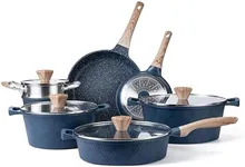 Country Kitchen Non-Stick Cast Aluminum Cookware Set - Durable Kitchen Cookware for Everyday Cooking, Navy, 11 Pc.