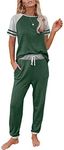 AUTOMET Lounge Sets For Women Two Piece Outfits Loungewear Short Sleeve Crewneck Jogger Pajama Set and Sweatpants Tracksuit, Green, Small