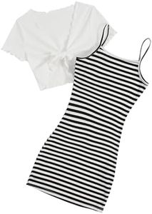 OYOANGLE Girl's Striped Print Cami Dresses and Short Sleeve Knot Tie Front Top Sets 2 Pieces Outfits Black White 10Y