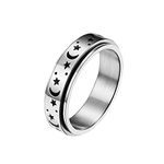 Epinki 6MM Anxiety Rings Spinner, Silver Star Moon Ring Spin Ring for Women, Stainless Steel Ring Size N 1/2