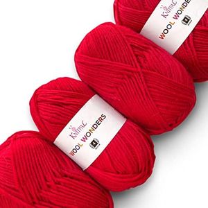 Wool Wonders Yarn for Crocheting, 4 Skeins, 640Yds/400G, Free Patterns - Wool Yarn for Knitting - Aran/Heavy #4 Medium Worsted Weight - Strawberry Red