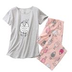 ENJOYNIGHT Womens Pajama Set Cotton Capri Pant Pyjama Short Sleeve Sleepwear Summer Pjs(Large,GR-Sheep)