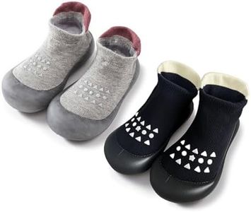 FABRST 2 Pairs Baby Sock Shoes Boys Girls Non Slip Soft Rubber Sole Sneakers Toddler Infant Slip On Slippers First Walking Shoes(Black Grey, 6-12Months)