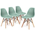 KOTEK Set of 4 Dining Chairs, DSW Molded Shell Plastic Side Chairs with Mesh Design, Solid Wood Legs, Mid-Century Modern Armless Side Chairs for Kitchen, Dining Room, Living Room (Green)