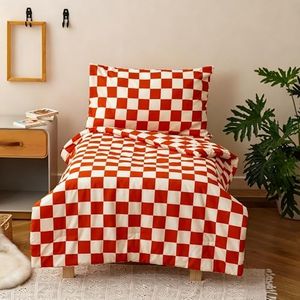 Wellboo Caramel White Plaid Toddler Bedding Sets for Girls Boys Orange and White Checkerboard Grid 4 Pieces Soft Crib Bed Set Including Comforter, Sheets and Pillowcase Kids Checkered Geometric Quilt