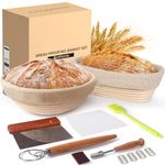 Banneton Bread Proofing Basket Set, 11 Inch Sourdough Proofing Basket and Bread Baking Supplies-Bread Lame, Danish Whisk, Bowl & Dough Scraper, Brush, (Rattan, 10in Round +10in Oval)
