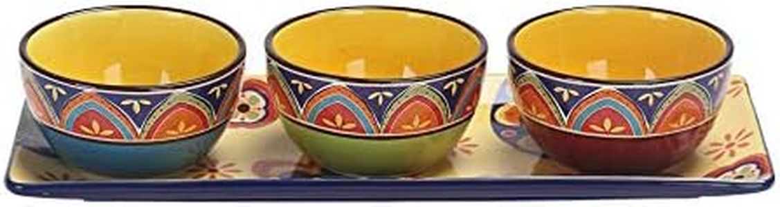 Bico Vintage Tunisian Ceramic Dipping Bowl Set (9oz bowls with 14 inch platter), for Sauce, Nachos, Snacks, Microwave & Dishwasher Safe