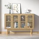 Anmytek 4 Door Buffet Cabinet with Storage, Modern Wood Sideboard Cabinet with Glass Door and Adjustable Shelves, Large Credenza Buffet Table Kitchen Bar Cabinet Natural H0107