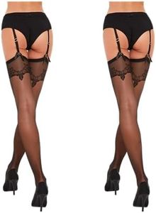 Fiore - Bas nylon voile fin 20d pour Porte-Jarretelles à jarretière motif florale - Noir lot de 2 - S